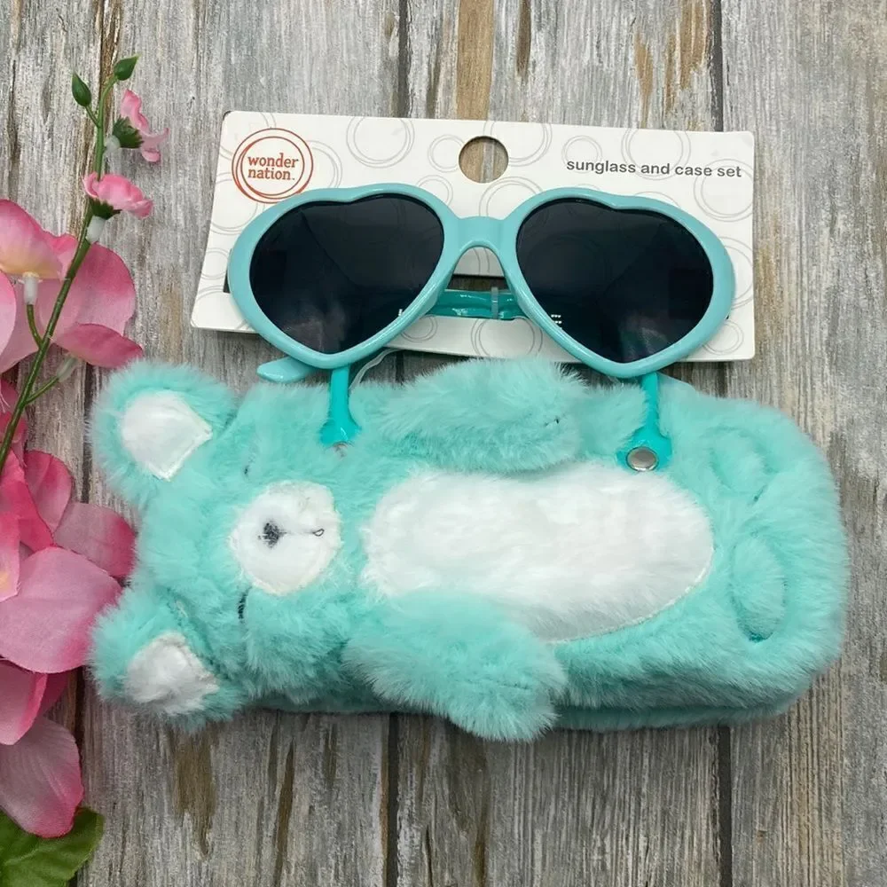 Girls Fun Summer Sunglasses With Kitty Cat & Bear Faux Fur Carrying Cases